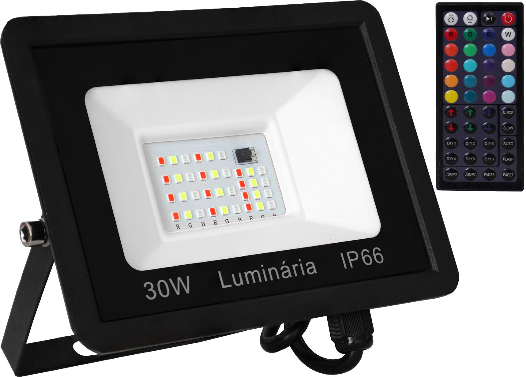 Projector LED RGB IP65 220VAC 30W 2000Lm c/ Comando