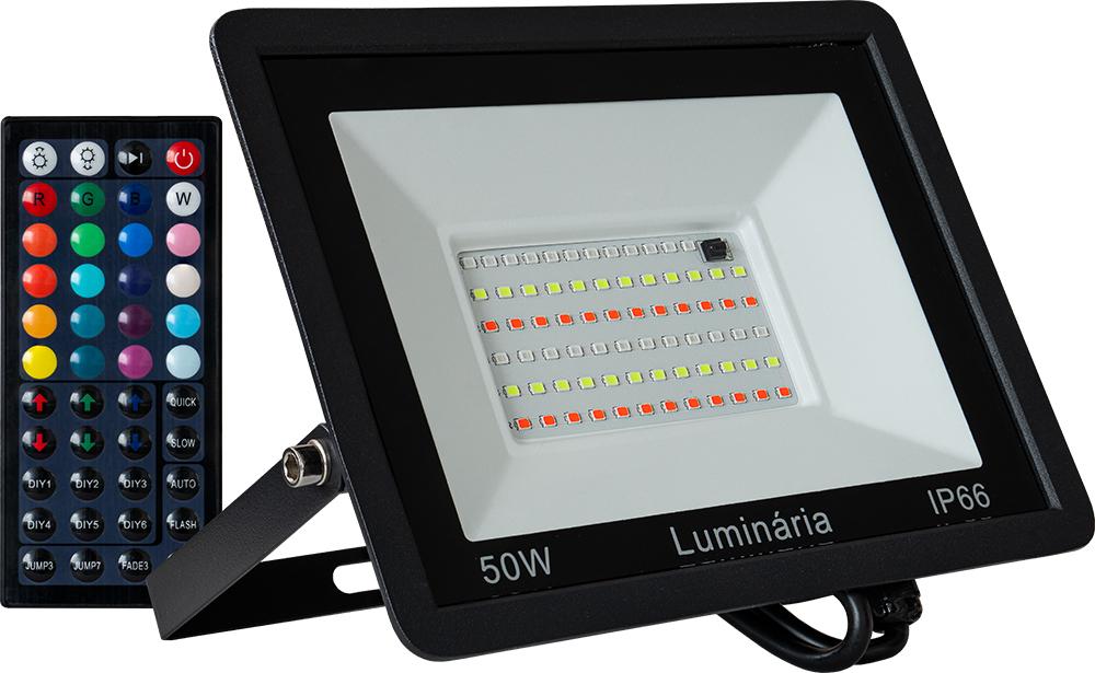 Projector LED RGB IP65 220VAC 50W 3000Lm c/ Comando