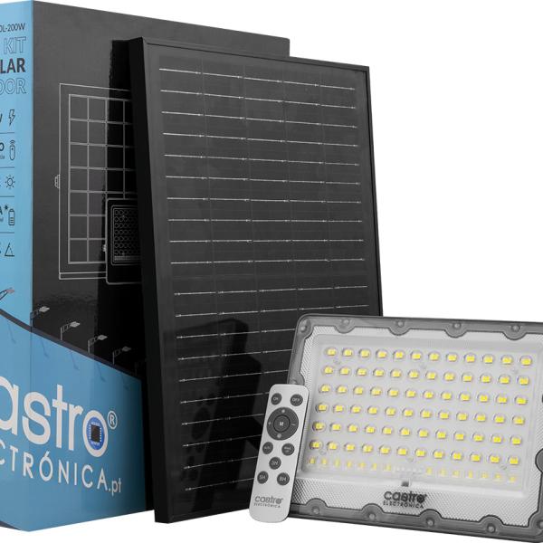 Kit Projector LED Slim 200W Branco F. 6000K + Painel Solar + Comando (LONGA DURAÇÃO - BATERIA DUPLA)