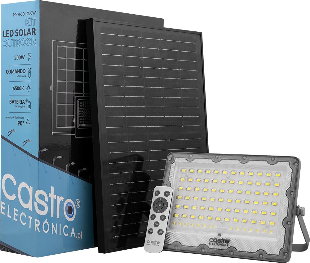 Kit Projector LED Slim 200W Branco F. 6000K + Painel Solar + Comando (LONGA DURAÇÃO - BATERIA DUPLA)