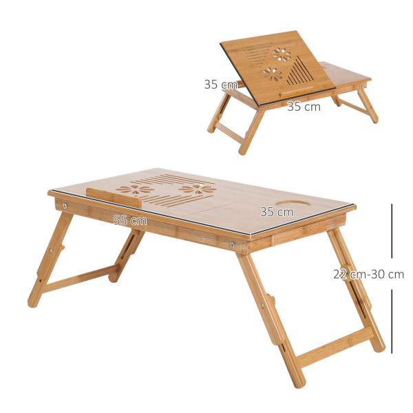 Mesa de Computador Portátil Bambu Dobrável Reclinado Altura ajustável Suporte Mesa de volta 1 Gaveta 55x35x22 - 30cm