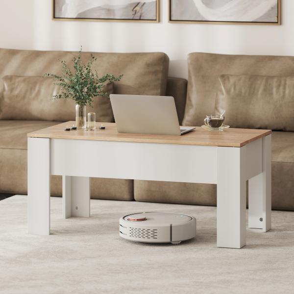 Mesa de Centro com Bancada Elevatória Compartimento Aberto e Oculto 100x50x45 - 58,5 cm Branco e Madeira