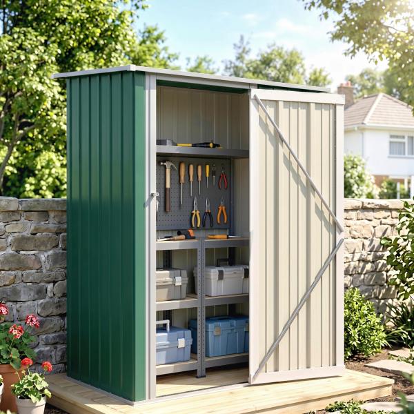 Abrigo de Jardim 142x84x189cm Abrigo de Jardim de Aço Galvanizado com Porta Fechadura e Orifícios de Drenagem para Armazenamento de Ferramentas Verde