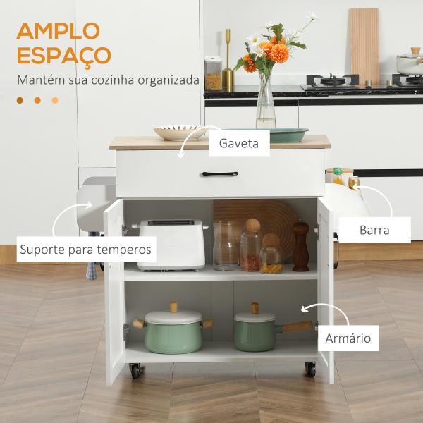 Carrinho de Cozinha com 1 Gaveta Suporte para Panos e Especies Carrinho Auxiliar com Rodas 105x36x85cm Branco