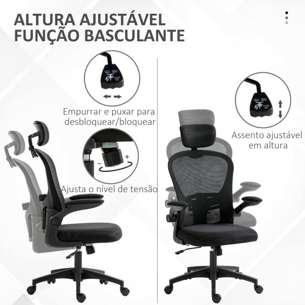 Cadeira de Escritório Basculante com Encosto Alto Apoio para a Cabeça Ajustável e Suporte Lombar 62x64x112 - 120 cm Preto