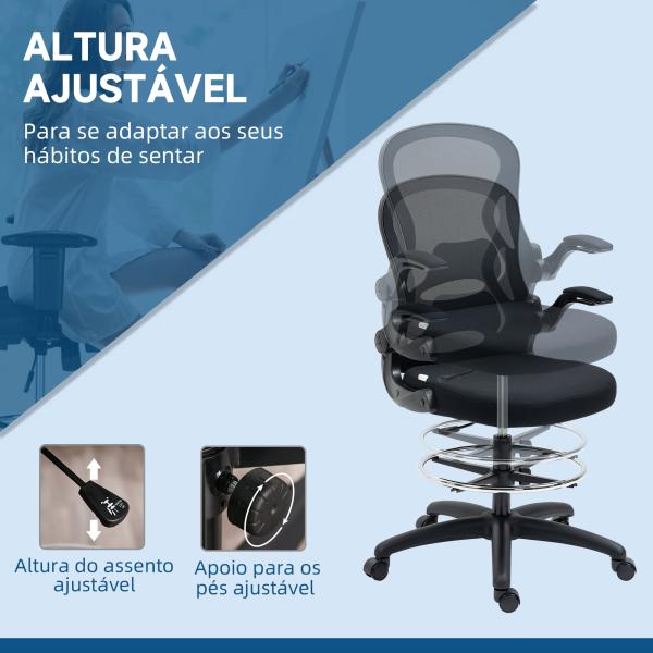 Cadeira de Escritório com Suporte Lombar Apoio para os Braços Dobrável e Altura Ajustável 59x65x102 - 122 cm Preto