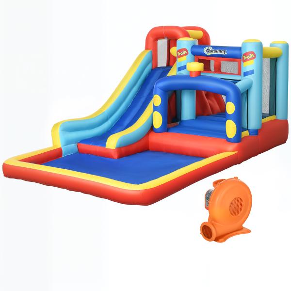 Castelo Insuflável com Inflador Escorrega Trampolim Piscina Bolsa de Transporte 435x245x200 cm Multicolorido