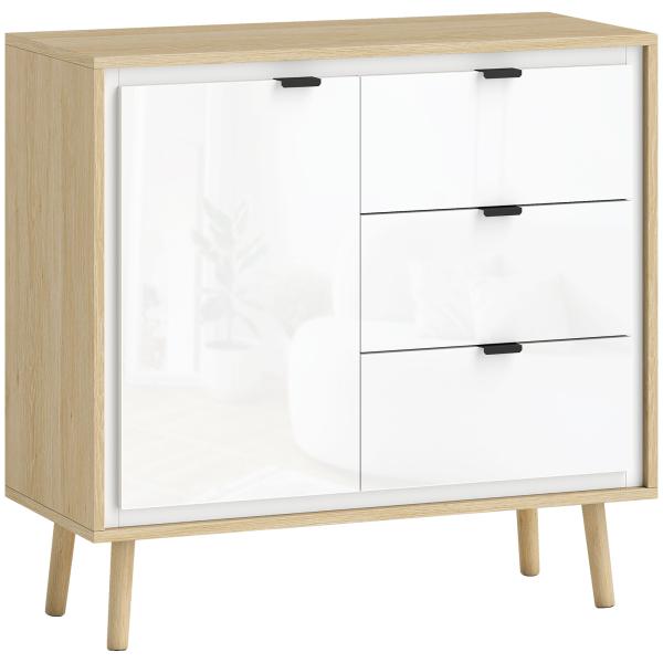 Aparador de Sala Moderno com 3 Gavetas Prateleira Ajustável e Pés em Madeira 80x35x77 cm Branco Brilhante e Carvalho