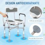 Cadeira de Duche com Abertura em U, Altura Regulável, Antiderrapante, com Encosto e Apoios de Braços, até 136 kg, Cinzento