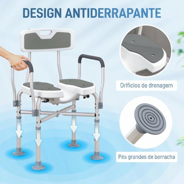 Cadeira de Duche com Abertura em U, Altura Regulável, Antiderrapante, com Encosto e Apoios de Braços, até 136 kg, Cinzento