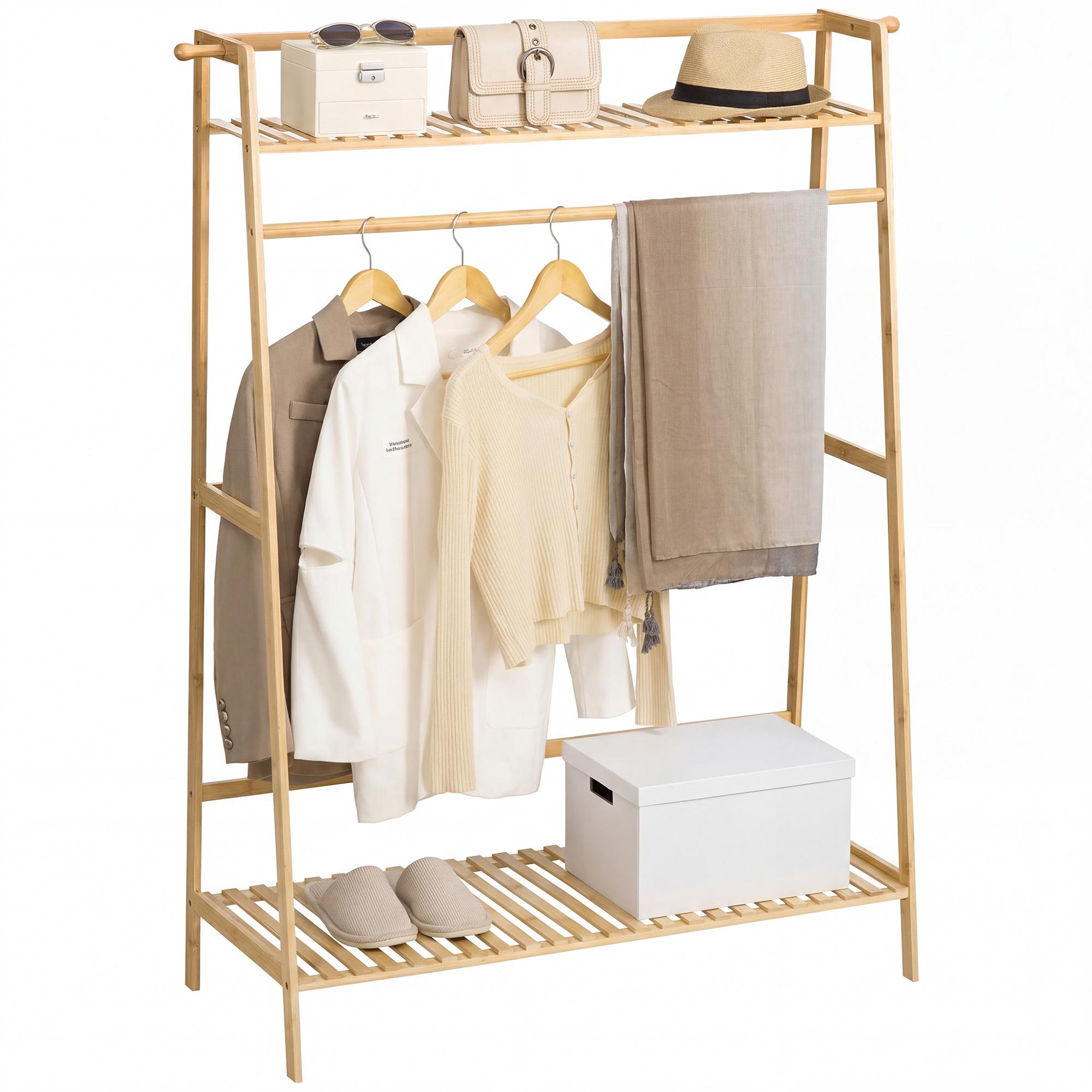Suporte para Cabide de Bambu com 2 Prateleiras de Armazenamento 2 Ganchos Laterais e Barra Suspensa 114x40x139 cm Madeira