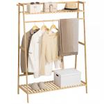 Suporte para Cabide de Bambu com 2 Prateleiras de Armazenamento 2 Ganchos Laterais e Barra Suspensa 114x40x139 cm Madeira