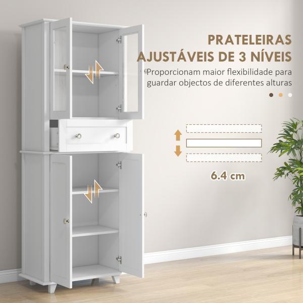 Armário de Cozinha Móvel Auxiliar de Cozinha com 2 Portas de Vidro Gaveta e Prateleiras Ajustáveis 61x35x168,5 cm Branco