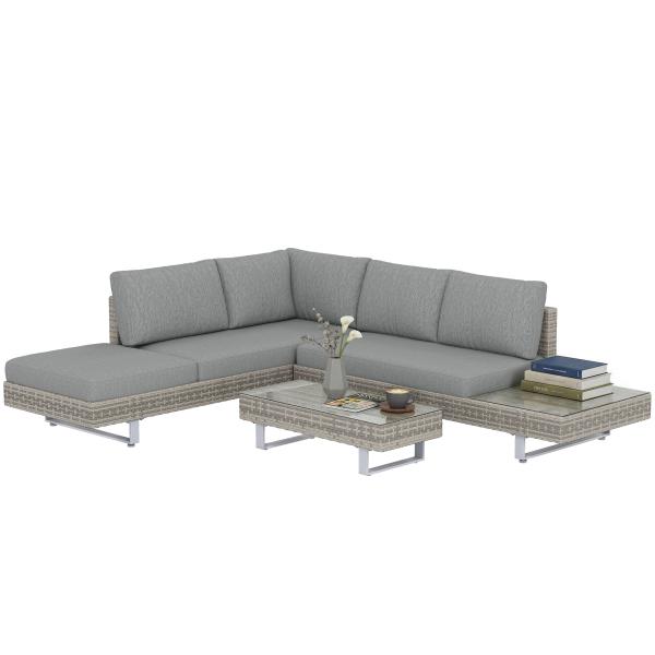 Conjunto de Jardim em Vime de 3 Peças com Sofás Modulares de 3 e 2 Lugares Mesa Lateral e Mesa de Centro Cinzento