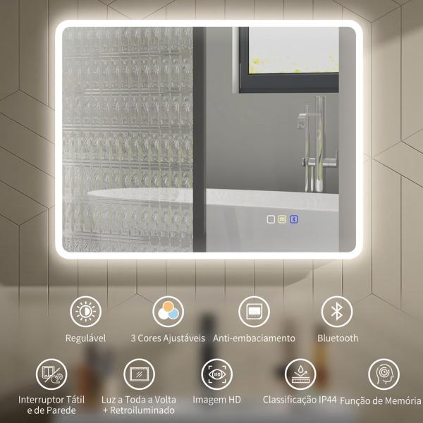 Espelho LED para Casa de Banho 90x70 cm com Bluetooth, 3 Tons de Luz, Antiembaciamento, Memória e IP44