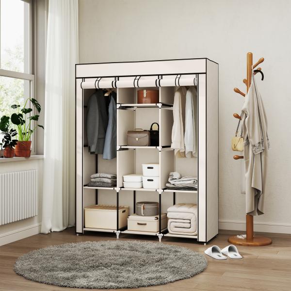 Roupeiro de Tecido Dobrável com 8 Prateleiras de Armazenamento e 2 Barras de Pendurar 125x43x162,5cm Creme
