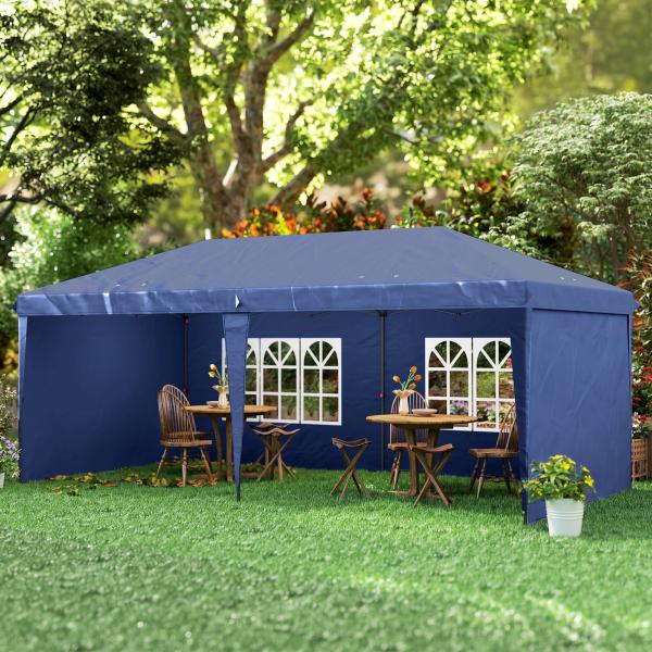 Tenda Dobrável 6x3 m Pop - up com 4 Laterais Desmontáveis Tenda de Jardim com 2 Janelas Visíveis Saco de Transporte Azul