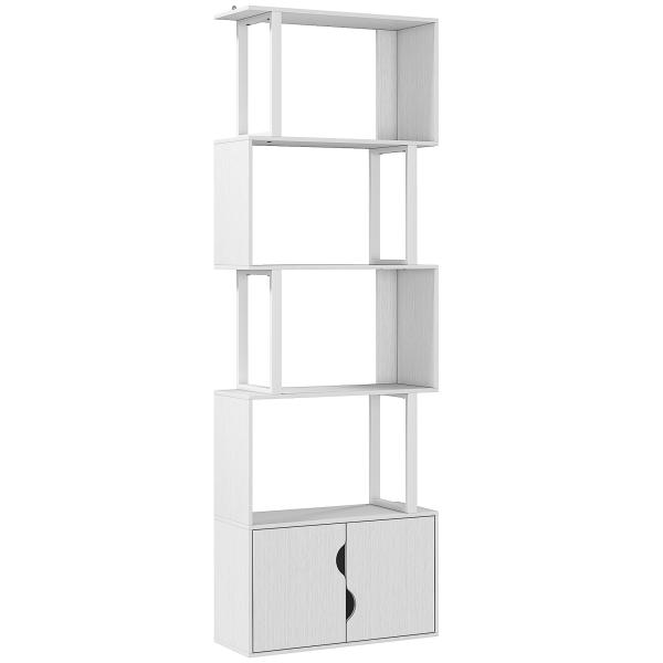 Estante de 5 Níveis em Forma de S Estante de Livros com 5 Prateleiras e 2 Portas 60x23,8x179,2 cm Branco