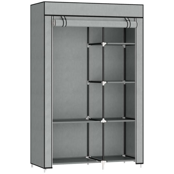 Roupeiro de Tecido Dobrável com 6 Prateleiras e 1 Barra de Pendurar para Dormitório Vestidor 103x43x162,5cm Cinza