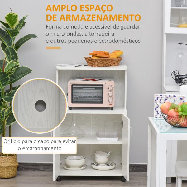 Armário Auxiliar para Micro - ondas Armário de Cozinha Baixo com Armário de 2 Portas e Prateleira Ajustável com Rodas Carga 70 kg 60,4x40,3x97 cm Branco