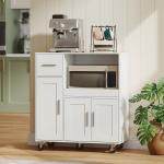 Móvel Auxiliar de Cozinha com Rodas para Microondas com Bandeja Deslizante Gaveta 3 Portas Prateleira Ajustável 80x40x88,7 cm Branco