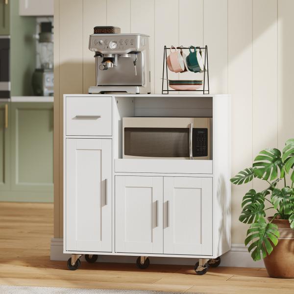 Móvel Auxiliar de Cozinha com Rodas para Microondas com Bandeja Deslizante Gaveta 3 Portas Prateleira Ajustável 80x40x88,7 cm Branco