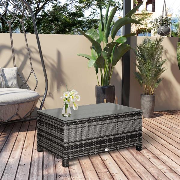 Mesa de Jardim em Vime Sintético Mesa Auxiliar com Vidro Temperado para Terraço Pátio, Varanda 85x50x39 cm Cinzento
