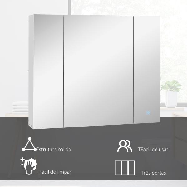Armário Casa de Banho com Espelho e Luzes LED Armário com Espelho Casa de Banho com Prateleiras Ajustáveis e USB 90x15x75 cm Branco