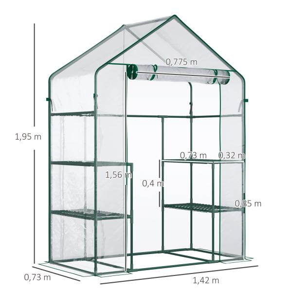Estufa de Jardim com 4 Prateleiras Porta com Fecho de Correr para Cultivo de Plantas Flores Vegetais 142x73x195 cm Verde