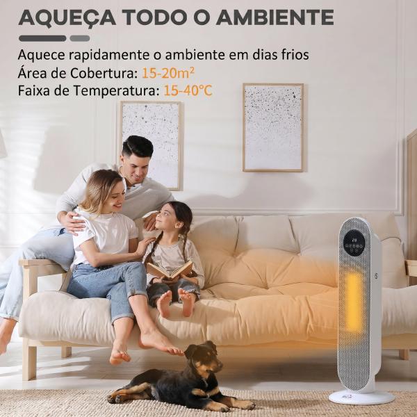 Aquecedor Elétrico Cerâmico PTC 1300/2000 W com Controlo Remoto, Oscilação 45°, Temporizador 12 h, Branco