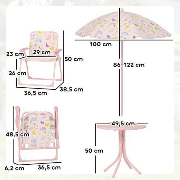 Conjunto de Mesa e Cadeiras para Crianças de Jardim com Cadeiras Dobráveis Chapéu de Sol Ajustável e Desenho de Raposas Rosa