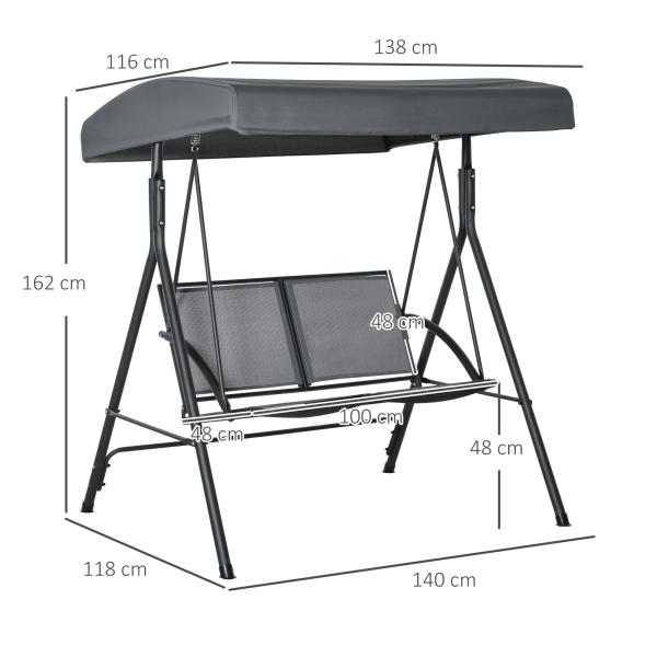 Baloiço de Jardim Exterior para 2 Pessoas Toldo Ajustável Estrutura em Aço Assentos de Textilene 140x118x162 cm Cinzento Escuro