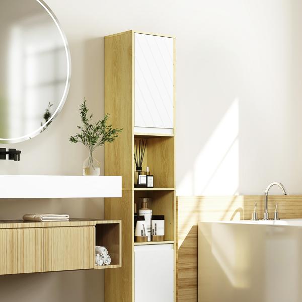 Coluna Casa de Banho com 2 Prateleiras Abertas Armário Alto para Casa de Banho 30x24x170 cm Madeira e Branco