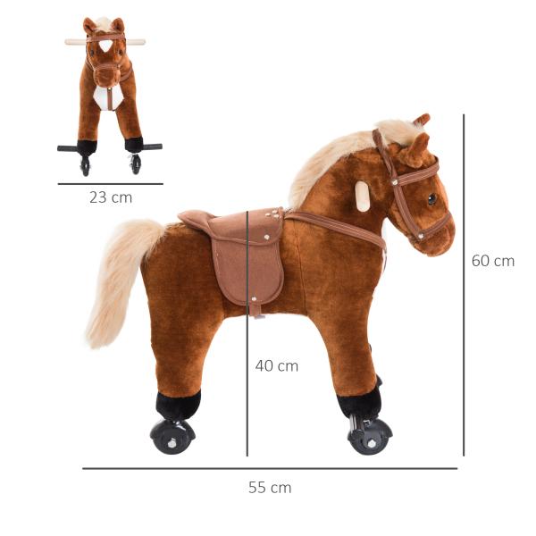 Cavalo para Crianças acima de 36 Meses com Rodas Sons de Relincho e Pedais Carga 60 kg 55x23x60 cm Marrom