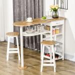 Conjunto de Mesa com 1 Gaveta 2 Prateleiras Cesta Removível e Suporte para Garrafas 119x38,5x88,5cm e 2 Bancos 29x29x55cm Branco
