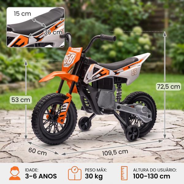 Moto Elétrica Infantil 12V com Música, Velocidade 2,4 - 5 km/h, Rodas Auxiliares, 109,5x60x72,5 cm, Laranja