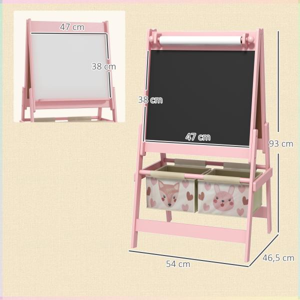 Cavalete para Crianças 3 em 1 Cavalete de Arte com Rolo de Papel Quadro e 2 Cestas de Armazenamento 54x46,5x93 cm Rosa