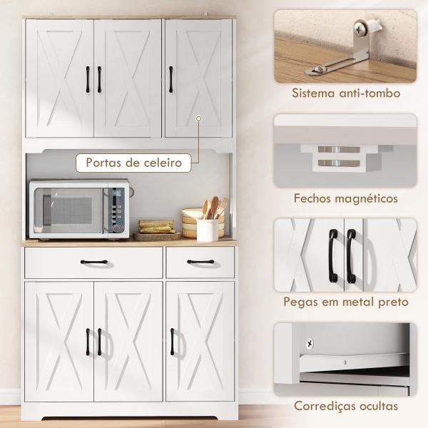 Armário de Cozinha Alto Móvel Auxiliar de Cozinha com Bancada Aberta para Micro - Ondas 2 Gavetas Prateleiras Ajustáveis 94x39,5x175,2 cm Branco