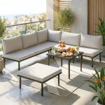 Conjunto de Jardim Exterior de 6 Peças com Sofá de 2 Lugares, Módulo de Canto, 2 Assentos, Apoio para Pés e Mesa de Vidro, Cinzento Claro