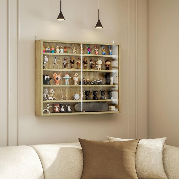 Vitrine de Parede de Madeira com Prateleiras Ajustáveis e 2 Portas Corredeiras de Vidro para Coleções 80x9,5x60 cm Carvalho