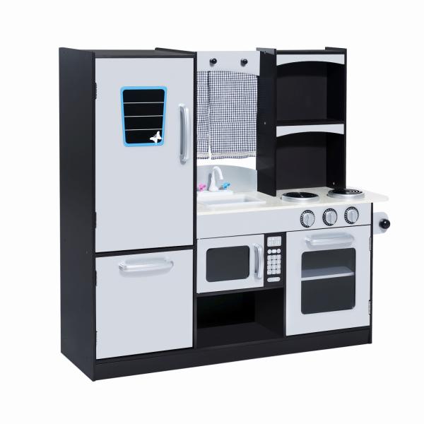 Cozinha de Brinquedo Infantil Cozinha de Madeira para Crianças com Acessórios Cozinha para Crianças com Forno Micro - Ondas Lavatório 105x31,5x95 cm Cinza e Preto