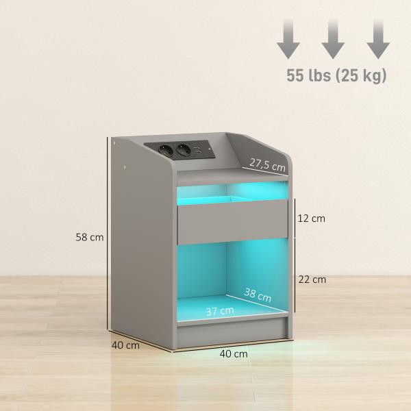 Mesa de Cabeceira com Luzes LED Gaveta Prateleira Estação de Carregamento Entrada USB e Controlo Remoto 40x40x58 cm Cinzento