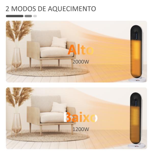 Aquecedor Cerâmico de Torre 1200W/2000W com Controle Remoto Termostato Temporizador de 24h e Sistema Anti - Rolamento para Sala de 20m² 21x21x63,5cm Branco e Preto