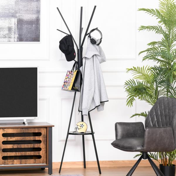 Cabide de Pé Metálico para Pendurar Roupa Bolsas com 9 Ganchos e Prateleira Cabide de Pé Moderno 45x45x180 cm Preto