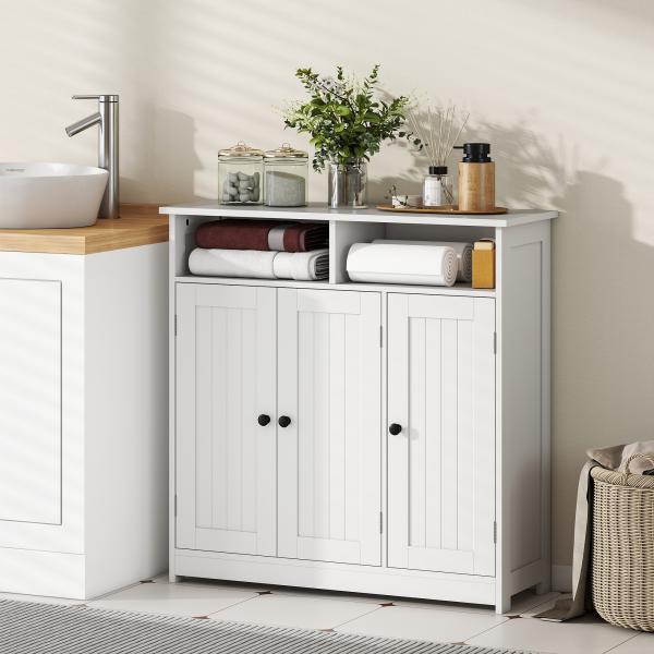 Armário de Casa de Banho Estreito com 3 Portas 2 Compartimentos Abertos Prateleira Ajustável 85x30x85 cm Branco