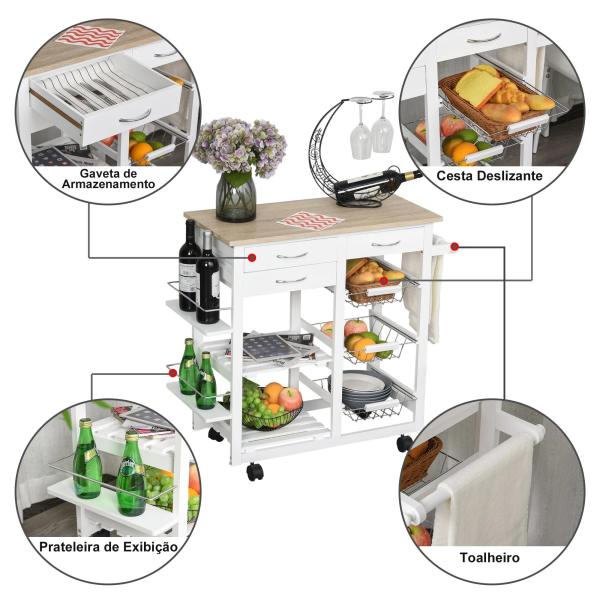 Carrinho de cozinha multifuncional com gavetas Cestas Prateleiras de especiarias Toalheiro Rodas 92x37x82 cm Branco