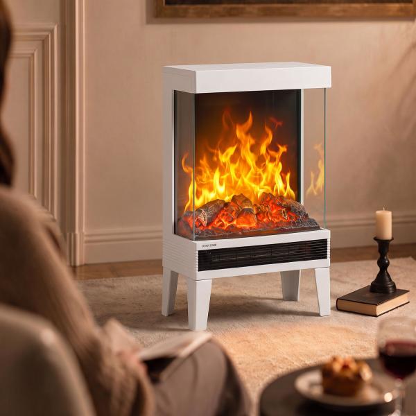 Lareira Elétrica 1000/2000 W com Chama LED Ajustável, até 15 - 20 m², 40,5 x 20 x 62 cm, Branca