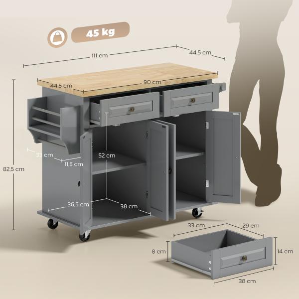 Ilha de Cozinha com Rodas 2 Gavetas 4 Portas Suporte para Temperos e Barra Lateral 111x44,5x82,5 cm Cinzento e Madeira