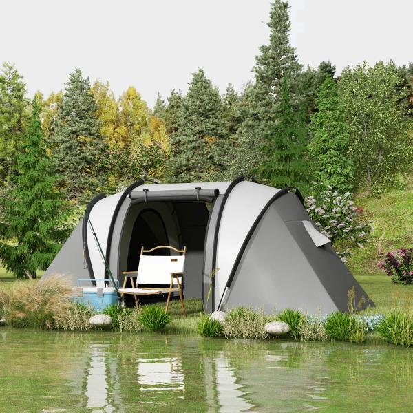 Tenda de Campismo Familiar para 4 - 5 Pessoas Impermeável 3000 mm com 2 Quartos Bolsa de Transporte e Gancho 450x220x180 cm Cinzento