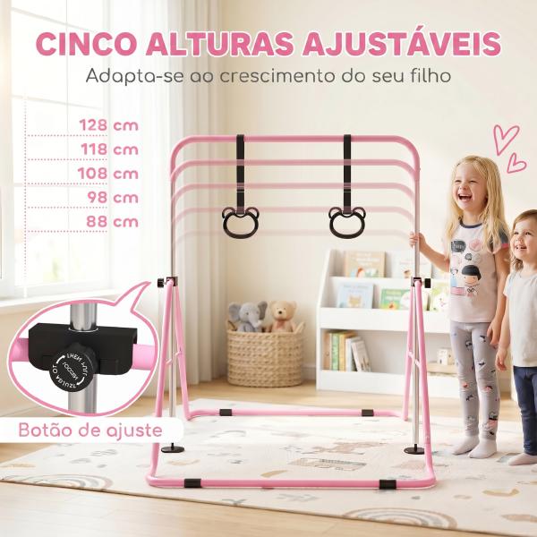 Barra de Ginástica para Crianças com Altura Ajustável em 5 Níveis Anéis e Dobrável 148x105x88 - 128 cm Rosa